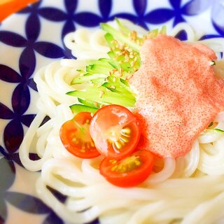 火を使わずに作る！めんたいマヨ絡めて美味！うどん♡